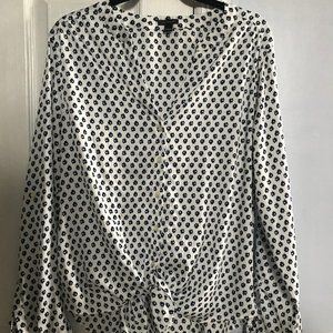 Ann Taylor Split Neck Tie Front Blouse L Roll Tab Sleeve